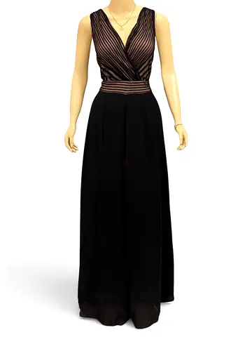 Black evening maxi dress with sheer striped bodice, size medium