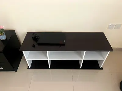 Low TV/Media Console Shelf Unit - Dark Brown Top, White Compartments
