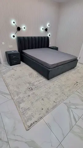 Modern Grey Upholstered Bed with Matching Nightstands