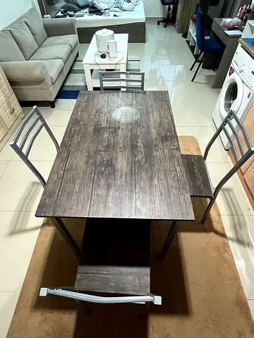 Used 4-seater Wooden Dining Table with Metal Chairs - Compact