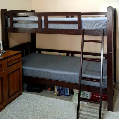 Solid Wood Double Bunk Bed with Ladder and IKEA Mattress - Dark Brown