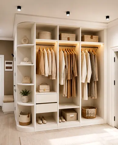 Custom Built-In Wardrobe with Open Shelves and Drawers - Cream Finish