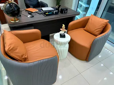 Pair of Modern Leather Armchairs in Tan and Grey — Good Condition