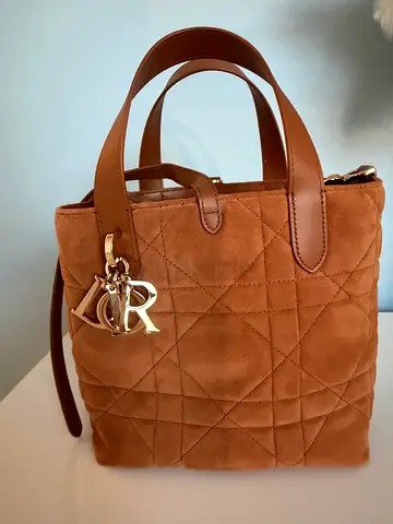 Brown suede tote bag with gold hardware charm - medium size