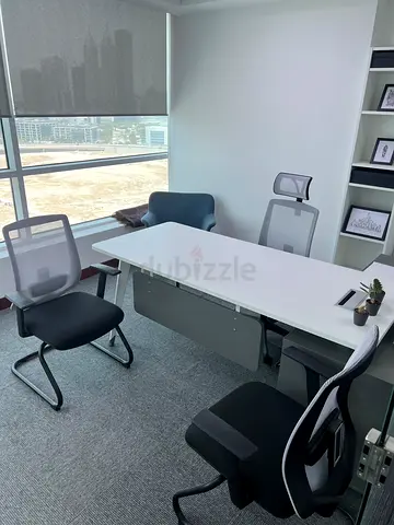 Full office furniture available white desk with ergonomic chair and wall shelf - perfect condition