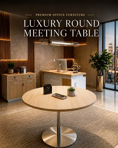 Luxury Light Oak Round Meeting Table – Modern Office Table with Chrome Base