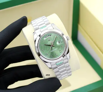 Rolex-style Stainless Steel Mens Watch with Green Arabic Dial