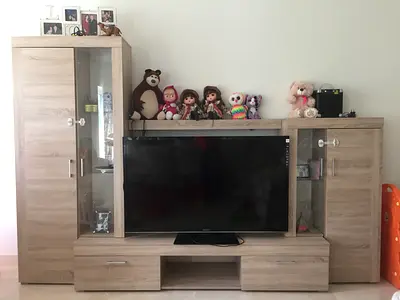 Light Oak Entertainment Center with Glass Cabinets - Good Condition