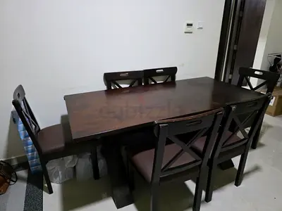 Solid Wood 6-Seater Dining Table with Chairs - Dark Brown