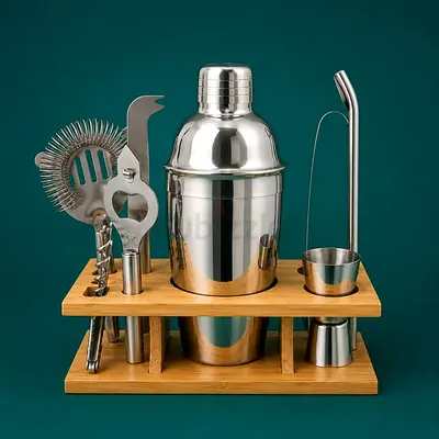 Cocktail Shaker Mix Bar Tool Set with Stylish Bamboo Stand Perfect Home Bartending Kit