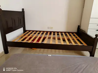 Dark Wood Double Bed Frame with Slatted Base
