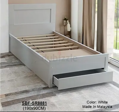 Single white wooden bed frame with under-bed drawer (190x90cm)
