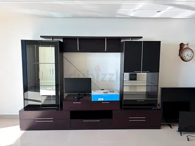 Dark Wood Entertainment Center / TV Unit with Glass Display Cabinets