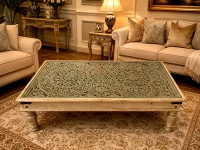 Marina Large Vintage Carved Wood Coffee Table with Inset Decorative Panel