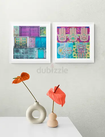 Set of 2 Framed Colorful Geometric  Hand Motif Wall Art Prints