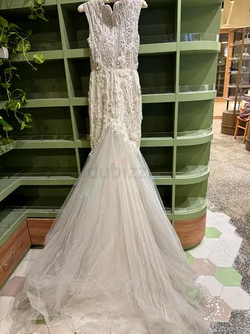 White Lace A-line Wedding Dress with Tulle Train - Size Available