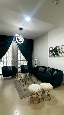 Green Velvet 5 Seater Sofa with Matching Armchairs and Gold Accent Stools