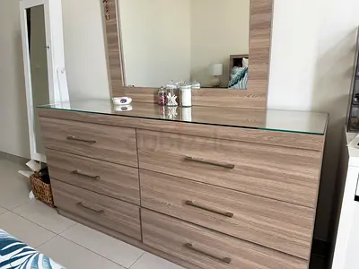 King Size Custom Wooden Bed Set with two night tables and a dresser with mirror (Must go ASAP)