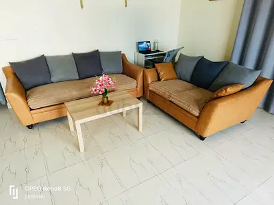 2-Piece Sofa Set (1 No. 3 Seater and 1 No. 2 Seater) - Beige Fabric with Cushions  Coffee Table
