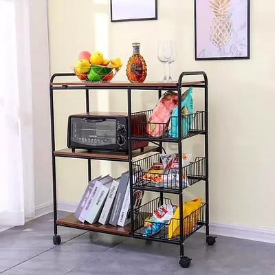 Kitchen trolley with shelves and wire baskets on wheels - black frame