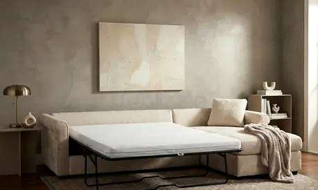 Elegant L Shape Sofa Bed in cream colour featuring large storage space and smooth pull-out sleeping