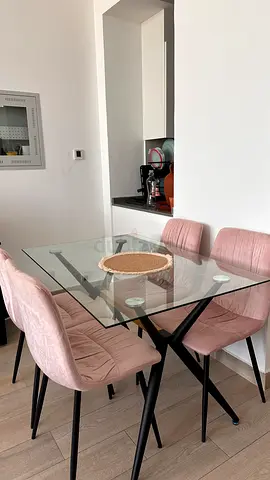 Glass Top Dining Table with 4 Pink Velvet Chairs - Good Condition