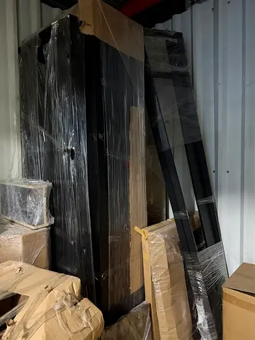 Wooden L-shaped office desk table cabinet NOT PC NOT CHAIR , TABLR CABINET ONLY - package in storage
