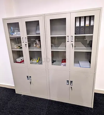 Set of 2 Metal Office Storage Cabinets with Glass Doors - Good Condition