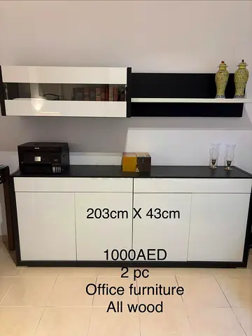 Modern Black  White Office Sideboard and Wall Cabinet - 2pc, All Wood, 203cm