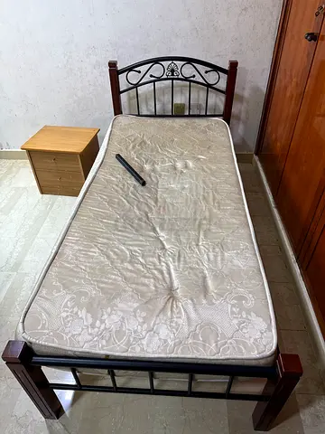 Single metal wood bed frame with mattress and bedside drawer