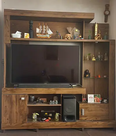 Large Wooden Entertainment TV Unit with Shelves and Cabinets