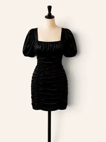 Black ruched satin mini dress with puff sleeves, square neckline