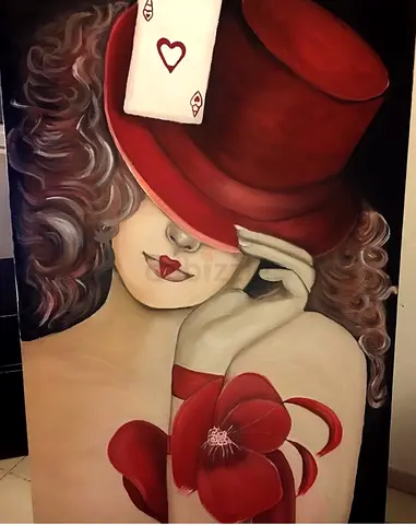 Original Red Hat Lady Painting - Large Canvas Decorative Art
