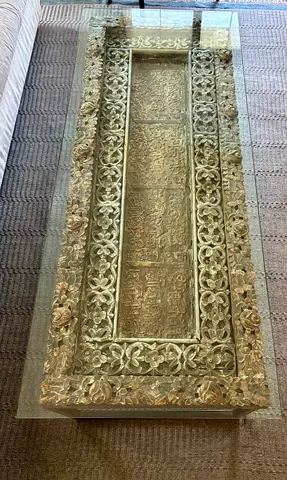 Hand-carved Coffee Table with Glass Top, wooden carved base and iron frame