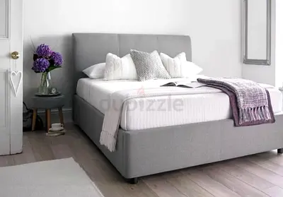 Gray Fabric Double Bed with Upholstered Headboard