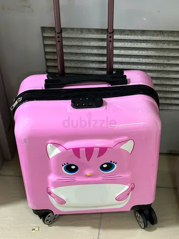 Kids pink hard-shell trolley suitcase with cat face — small carry-on