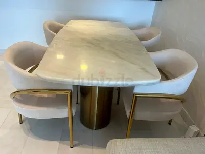 Marble Top Dining Table with 4 Velvet Chairs and Brass Base