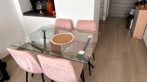 Glass Top Dining Table with 4 Pink Velvet Chairs - Good Condition