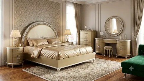 Complete elegant gold-tone bedroom set with bed, dressers and bedside tables