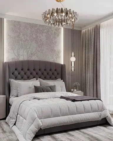 Queen upholstered tufted headboard bed with mattress and bedding (grey)