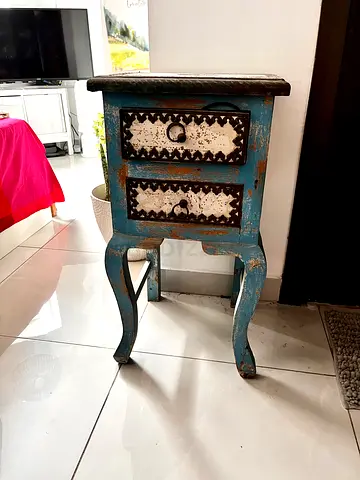Vintage Rustic Blue Bedside Table with Two Drawers