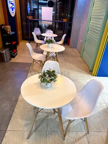 Set of 2 White Round Café Tables with 6 White Plastic Chairs