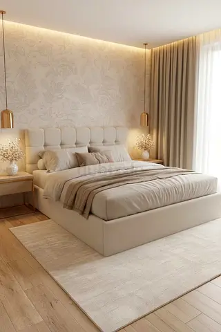 Modern upholstered king bed with padded headboard and matching nightstands