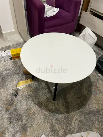 White round side table with black tripod legs - good used condition