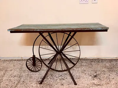 Unique Industrial Bicycle Wheel Console Table with Wooden Top