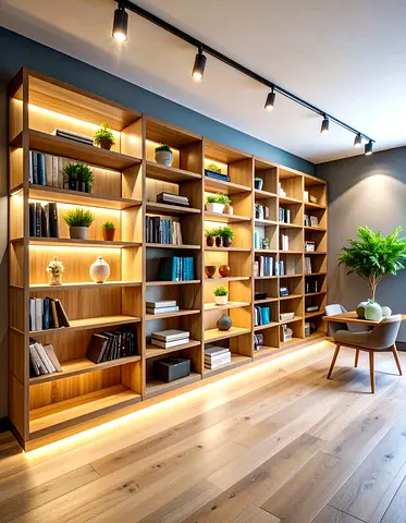 Large Modern Wooden Bookcase Wall Unit with Integrated Lighting