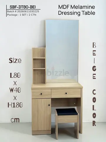Beige MDF Melamine Dressing Table with Stool, 180cm High