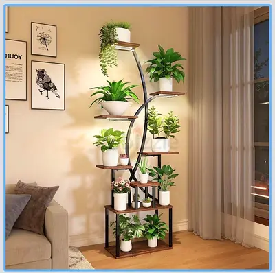 Indoor Plant Stand Flower Pots Stand with Grow Lights Tall Wood Plant Stand with Wheels