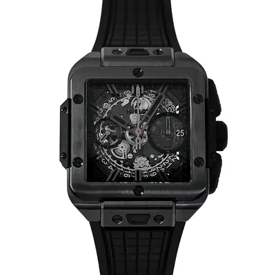 This Hublot Square Bang Unico Black Magic 42mm watch features a distinctive black ceramic case with