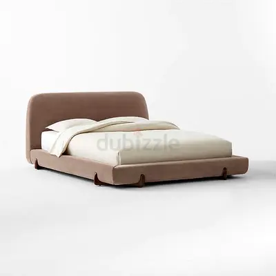 Modern low-profile upholstered double bed, beige